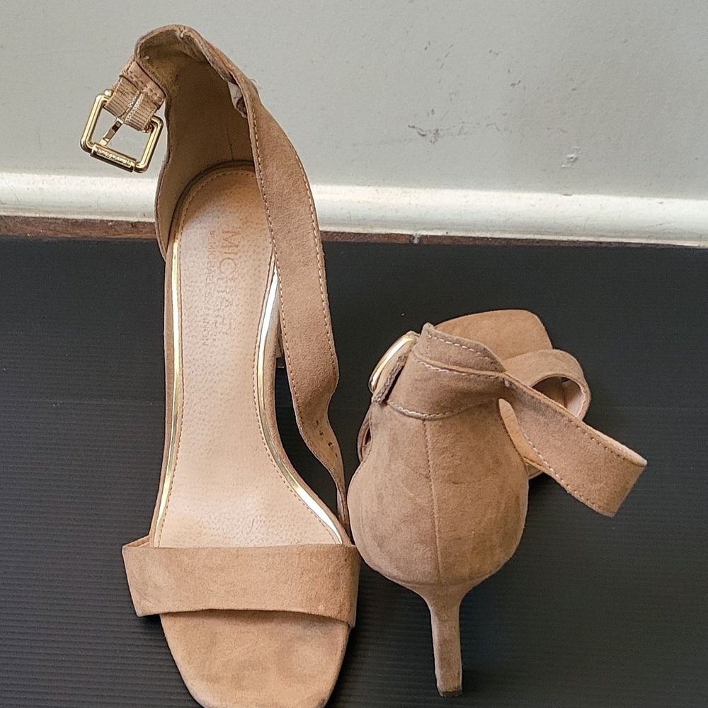 Michael Shannon Tan Suede Heels with Gold Buckle